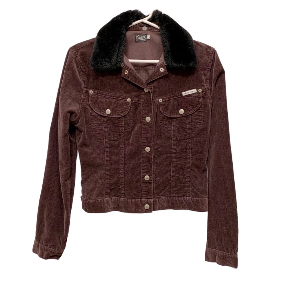 Guess 90s Vintage Velvet Velour Fitted Snap Button Jacket, Brown Size Small